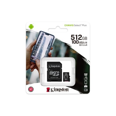 Kingston MicroSD 512GB Class10Canvas Select PlusSD adapter100/85MBs,Class 10 UHS-I, U3, V30
