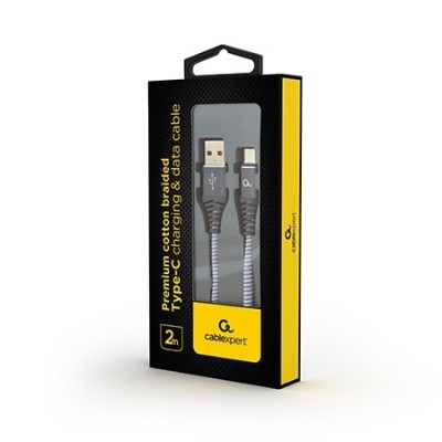 USB 2.0 kabl Premium cotton braided Type-C USB charging and data cable, 2m, spacegrey/white, GEMBIRD CC-USB2B-AMCM-2M-WB2