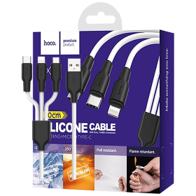 hoco. USB kabl, 3in1, microUSB, type C, Lightning, 1.2 met., 2 A - X21 Silicone 3in1, Black/White