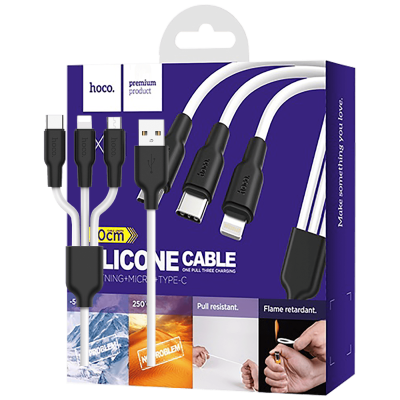 hoco. USB kabl, 3in1, microUSB, type C, Lightning, 1.2 met., 2 A - X21 Silicone 3in1, Black/White