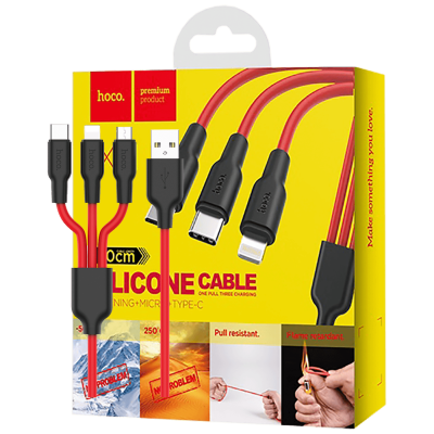 hoco. USB kabl, 3in1, microUSB, type C, Lightning, 1.2 met., 2 A - X21 Silicone 3in1, Black/Red