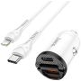 hoco. Auto punjač sa Lightning kabelom, PD + QC3.0, 2 x USB, 4.8 A - NZ2 Link, type C-Lightning, White